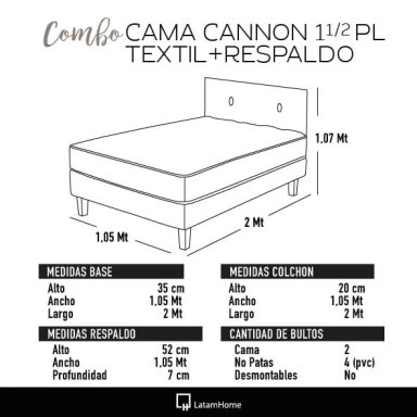 COMBO CAMA CANNON 1,5 PLAZA TEXTIL + RESPALDO TELA NEGRO - 4