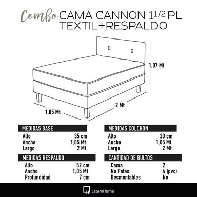 COMBO CAMA CANNON 1,5 PLAZA TEXTIL + RESPALDO TELA GRIS - 4