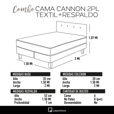 COMBO CAMA CANNON 2 PLAZAS+2 ALMOHADAS+SABANAS+RESPALDO TELA GRIS - 4
