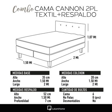 COMBO CAMA CANNON 2 PLAZAS+2 ALMOHADAS+SABANAS+RESPALDO TELA NEGRO - 5