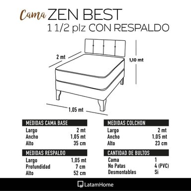 Cama Europea Zen Best 1.5 Plaza Colchon Resortes Base Dividida + Respaldo Tela Burdeo - 3