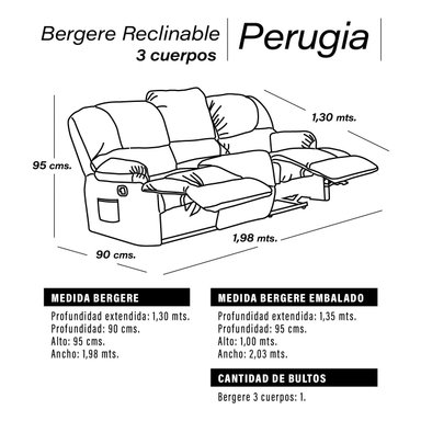 BERGERE PERUGIA RECLINABLE 3 CUERPOS CUERO KENTUCKY - 5