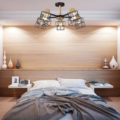 LAMPARA DE TECHO MADERA METAL NEGRO CROMO 5 LUCES NORDICA - 3