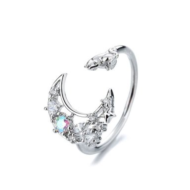 ANILLO TODOJOYAS FORMA DE LUNA Y GATO PLATEADO PLATA - 1