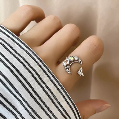 ANILLO TODOJOYAS FORMA DE LUNA Y GATO PLATEADO PLATA - 2