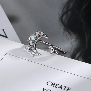 ANILLO TODOJOYAS FORMA DE LUNA Y GATO PLATEADO PLATA - 5