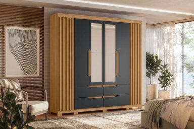 CLOSET 6 PUERTAS CON ESPEJO DOBLE CASAL NATURE/TITANIUM - 2