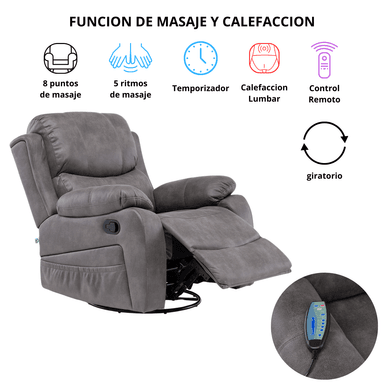 BERGER RECLINABLE PRO GREY CON VIBROMASAJE 8 PUNTOS + CONTROL REMOTO + CALEFACCION + MECEDOR - 3