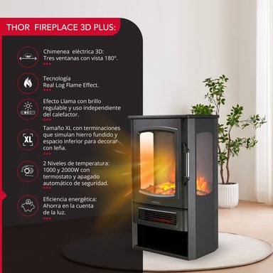 Chimenea Electrica 2 Potencias 2000W Thor FirePlace 3D Plus Negro hasta 60 m2 - 3