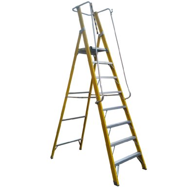 ESCALERA TIJERA PLATAFORMA DOBLE FIBRA VIDRIO 8P CON BARANDA - 1