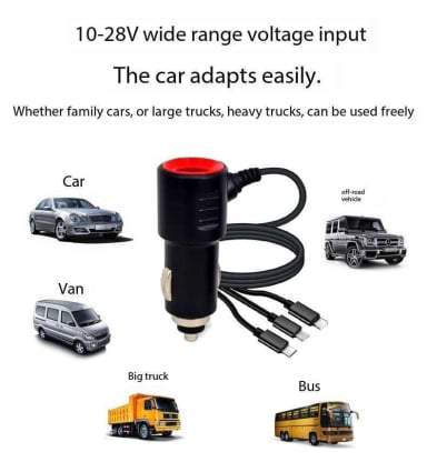 CARGADOR DE CELULAR AUTO CARGA RÁPIDA 1 USB 3.1 A CABLE 3 SALIDAS MICRO USB SAMSUNG TIPO C - 2