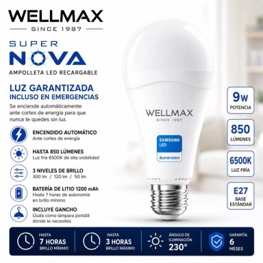 AMPOLLETA LED RECARGABLE DE EMERGENCIA WELLMAX SUPER NOVA 9W - 8