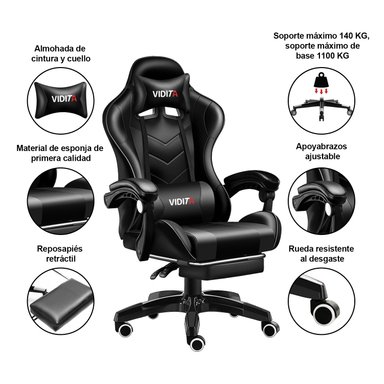 Silla Gamer Profesional GX2000 con Reposapiés-Negro - 3