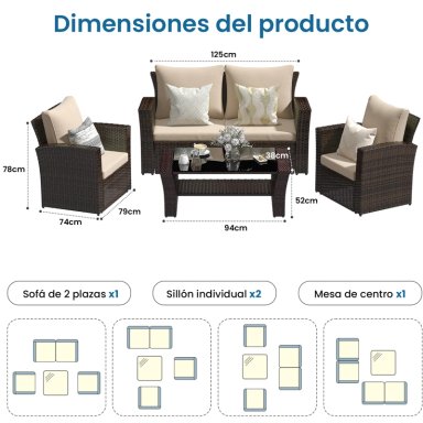 JUEGO DE LIVING DE TERRAZA 4 PERSONAS DE RATÁN SINTÉTICO - 6
