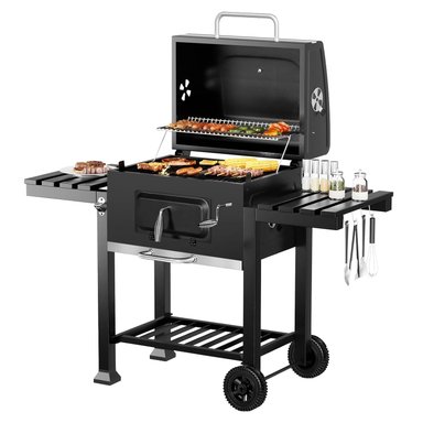 PARRILLA A CARBON CON RUEDAS Y 2 BANDEJAS LATERALES 135X47,5X106CM - 1