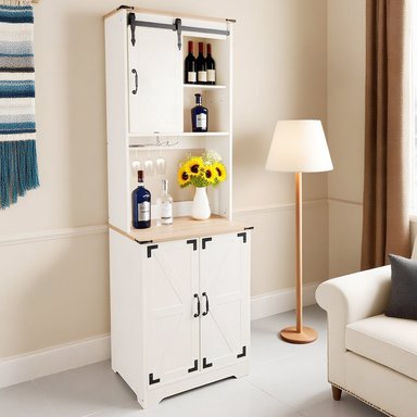 BAR ALTO ESQUINERO MADERA 6 BOTELLEROS CON PORTACOPAS BLANCO RUSTICO - 1