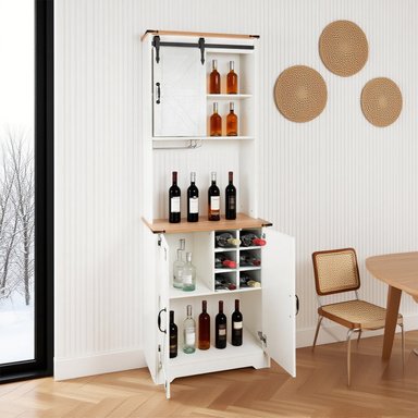 BAR ALTO ESQUINERO MADERA 6 BOTELLEROS CON PORTACOPAS BLANCO RUSTICO - 2