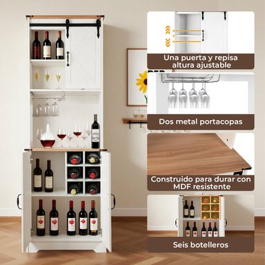 BAR ALTO ESQUINERO MADERA 6 BOTELLEROS CON PORTACOPAS BLANCO RUSTICO - 3