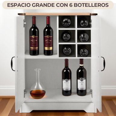 BAR ALTO ESQUINERO MADERA 6 BOTELLEROS CON PORTACOPAS BLANCO RUSTICO - 4