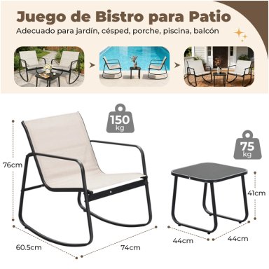 JUEGO DE LIVING DE TERRAZA Y BALCON 3 PIEZAS 2 PERSONAS BEIGE NEGRO - 8