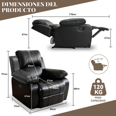 BERGER RECLINABLE SILLON 1 CUERPO PU 84X73X97CM NEGRO SOPORTE LUMBAR - 9