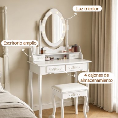 TOCADOR CON ESPEJO LED GIRATORIO 4 CAJONES Y BANQUETA BLANCO - 2