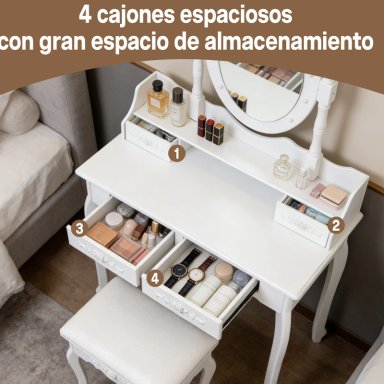TOCADOR CON ESPEJO LED GIRATORIO 4 CAJONES Y BANQUETA BLANCO - 3