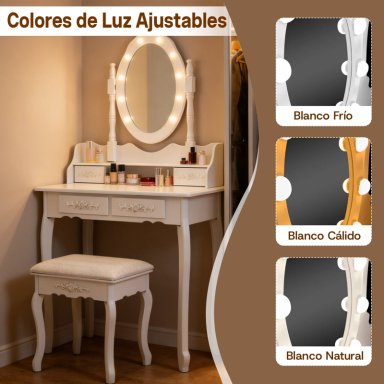 TOCADOR CON ESPEJO LED GIRATORIO 4 CAJONES Y BANQUETA BLANCO - 4
