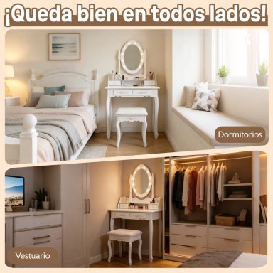 TOCADOR CON ESPEJO LED GIRATORIO 4 CAJONES Y BANQUETA BLANCO - 5
