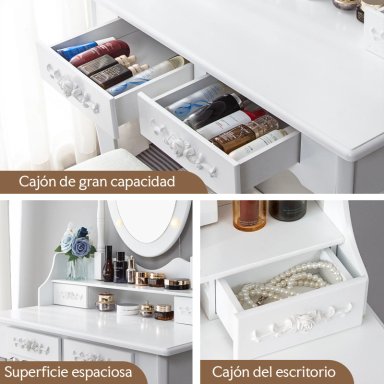TOCADOR CON ESPEJO LED GIRATORIO 4 CAJONES Y BANQUETA BLANCO - 6