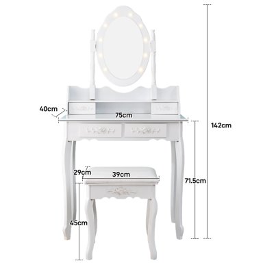 TOCADOR CON ESPEJO LED GIRATORIO 4 CAJONES Y BANQUETA BLANCO - 9