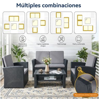 JUEGO DE LIVING DE TERRAZA 4 PERSONAS DE RATAN SINTE TICO NEGRO - 7