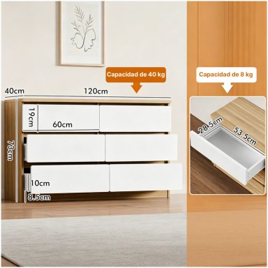 COMODA CAJONERA 6 CAJONES MODERNA MINIMALISTA, MUEBLE ORGANIZADOR ELEMENT DESIGN BLANCO - 9