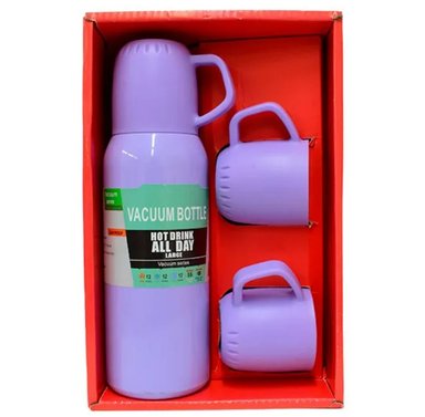 SET TERMO DE ACERO INOXIDABLE 500ML +  3 TAZAS - LILA - 1