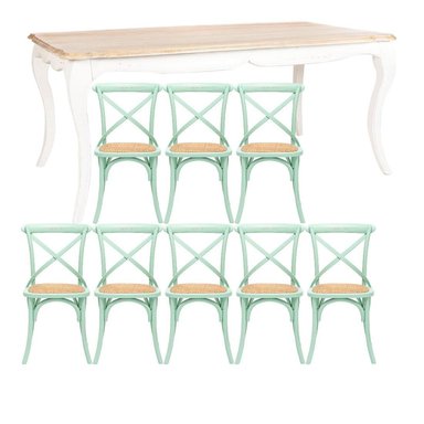 MESA COMEDOR VITTORIA RECTANGULAR BLANCA + 8 SILLAS VERDE AGUA - 1