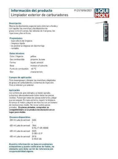 LIMPIADOR EXTERIOR DE CARBURADORES Y EQUIPOS DE INYECCION LIQUI MOLY 400 ML. - 3