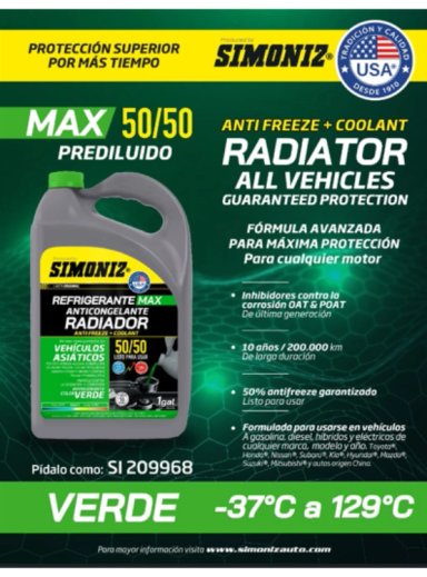 REFRIGERANTE ANTICONGELANTE PARA RADIADOR 50% VERDE SIMONIZ - 3