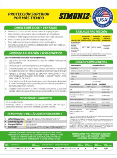 REFRIGERANTE ANTICONGELANTE PARA RADIADOR 50% VERDE SIMONIZ - 4