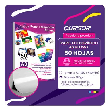 PAPEL FOTOGRAFICO GLOSSY A3 180G 50H CURSOR - 2