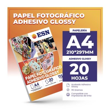 PAPEL FOTOGRAFICO ADHESIVO A4 115G GLOSSY BRILLANTE 20H ESN TAMAÑO A4 - 2