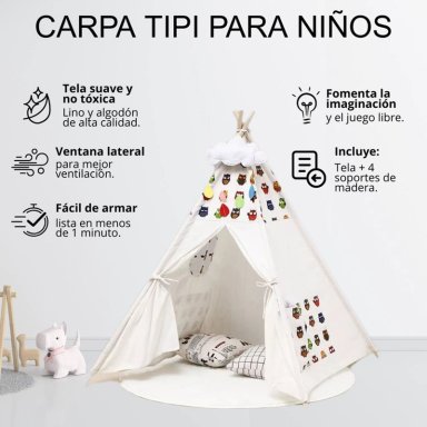 CARPA TIPI NIÑOS INFANTIL 160 CM BUHOS JUGUETE DECORACION - 4