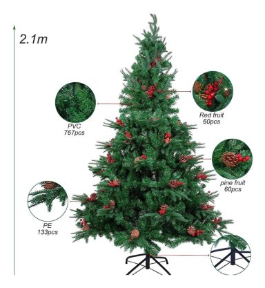 ÁRBOL DE NAVIDAD FRONDOSO CON MUERDAGO Y PIÑAS NAVIDEÑAS 210CM - 1