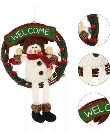 PACK X3 DECORACION ARBOL NAVIDAD RATAN CORONA MADERA ADORNO - 3