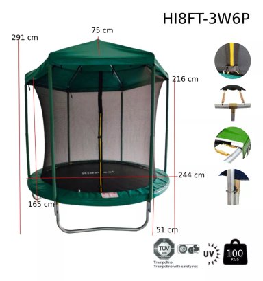 CAMA ELÁSTICA KIDSCOOL HI8FT-3W6P CON TECHO 8 PIES VERDE - 2