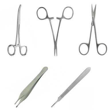 KIT PRÁCTICA SUTURA: PIEL + TIJERAS + PINZAS + SUTURAS - 4