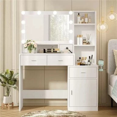 TOCADOR DE MAQUILLAJE MODERNO CON ESPEJO LED Y PORTASECADORA - 1