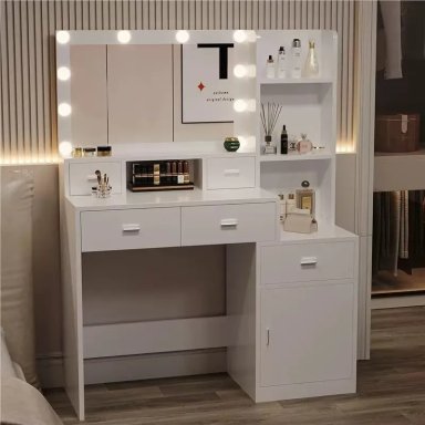 TOCADOR DE MAQUILLAJE MODERNO CON ESPEJO LED Y PORTASECADORA - 2