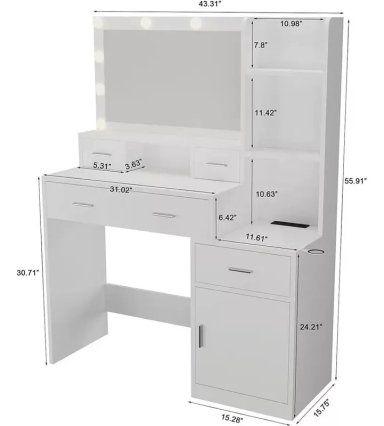TOCADOR DE MAQUILLAJE MODERNO CON ESPEJO LED Y PORTASECADORA - 3