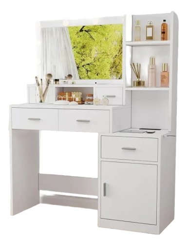 TOCADOR DE MAQUILLAJE MODERNO CON ESPEJO LED Y PORTASECADORA - 4