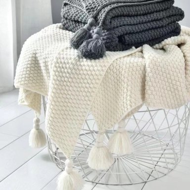 MANTA NORDICA CON BORLAS TEJIDA FRAZADA DECORATIVA 127X172CM TAMAÑO 2 PLAZAS - 2
